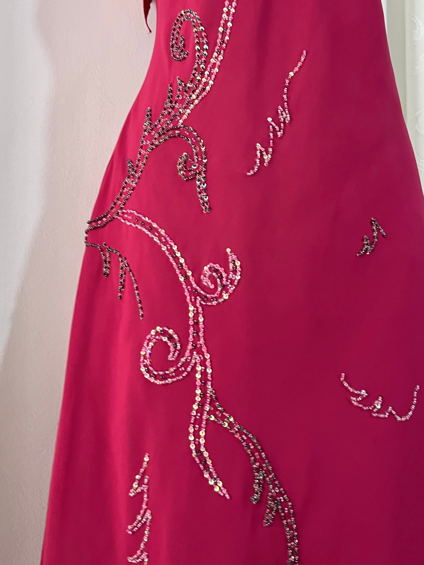 Fuchsia Midi Dress with Butterfly Sleeves and hand-embroidered rhinestone details- size XL