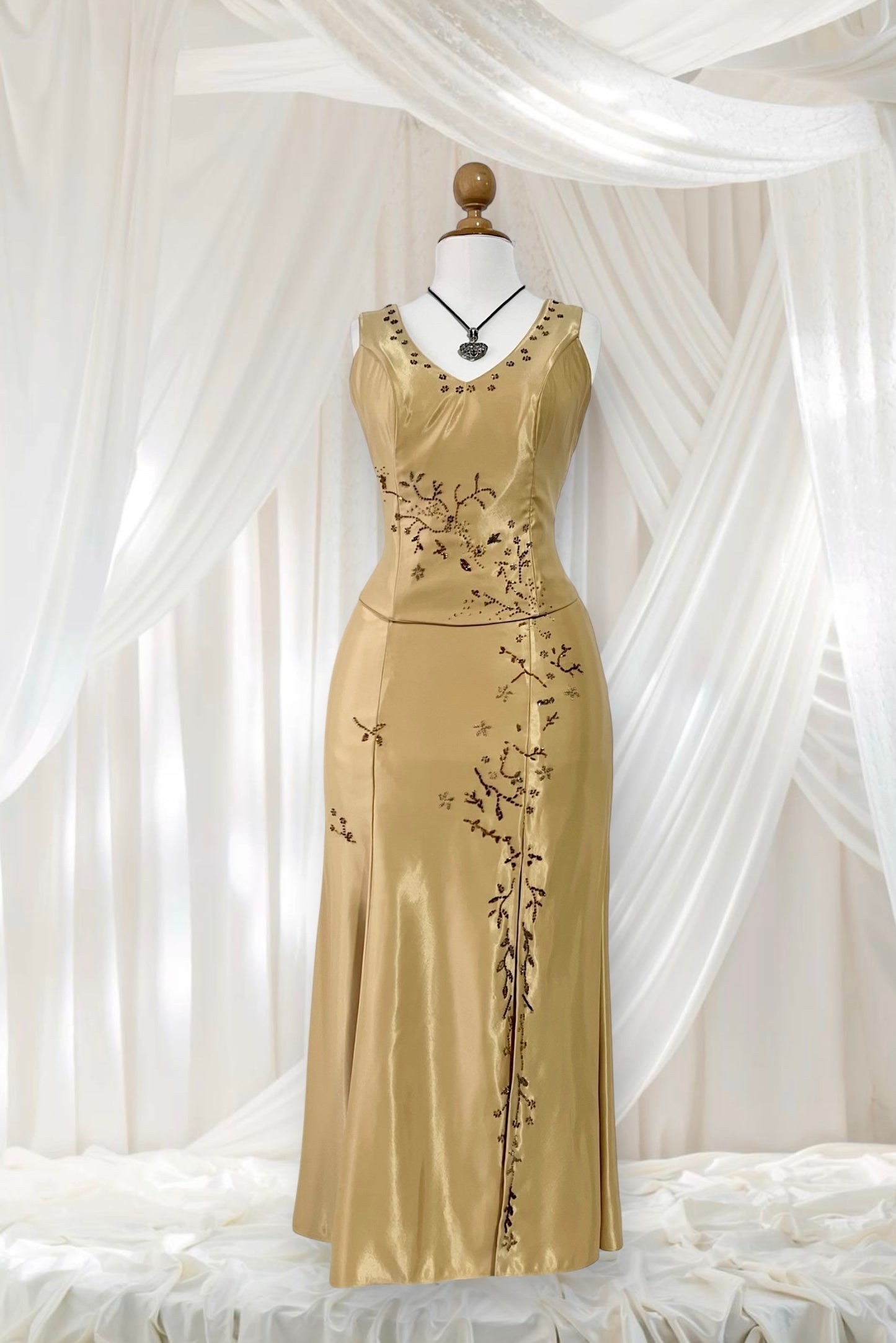 Champagne satin beaded set, 2 pieces, Corset & Maxiskirt - size M/L