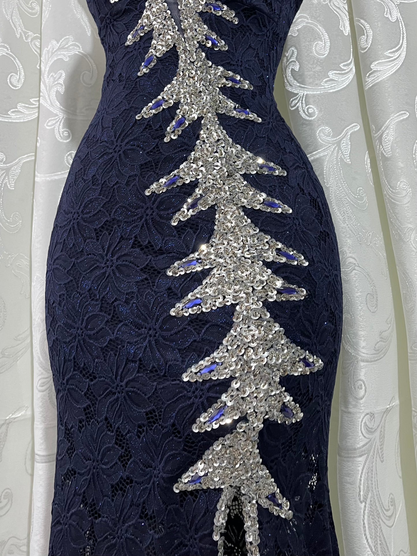 Dark blue corset lace dress with embroidered design