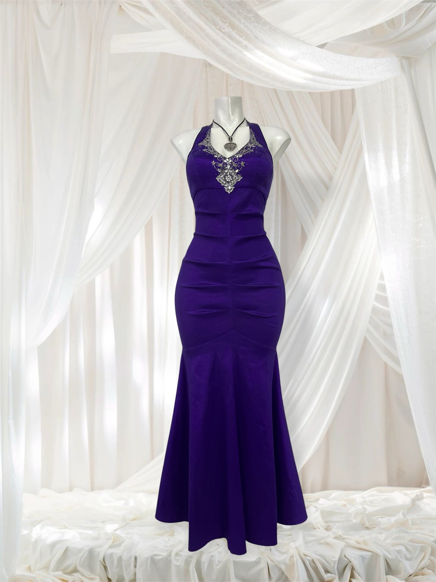 Purple blue Iridescent taffeta stretch halter dress with rhinestones and embellishments- size M