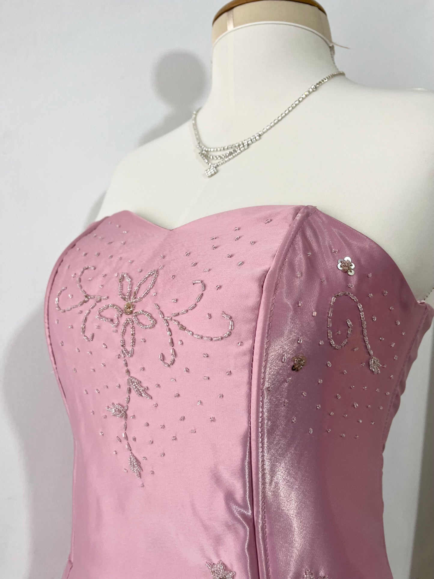 Mauve pink corset gown with sequin designs and hand-embroidered embellishments-size M