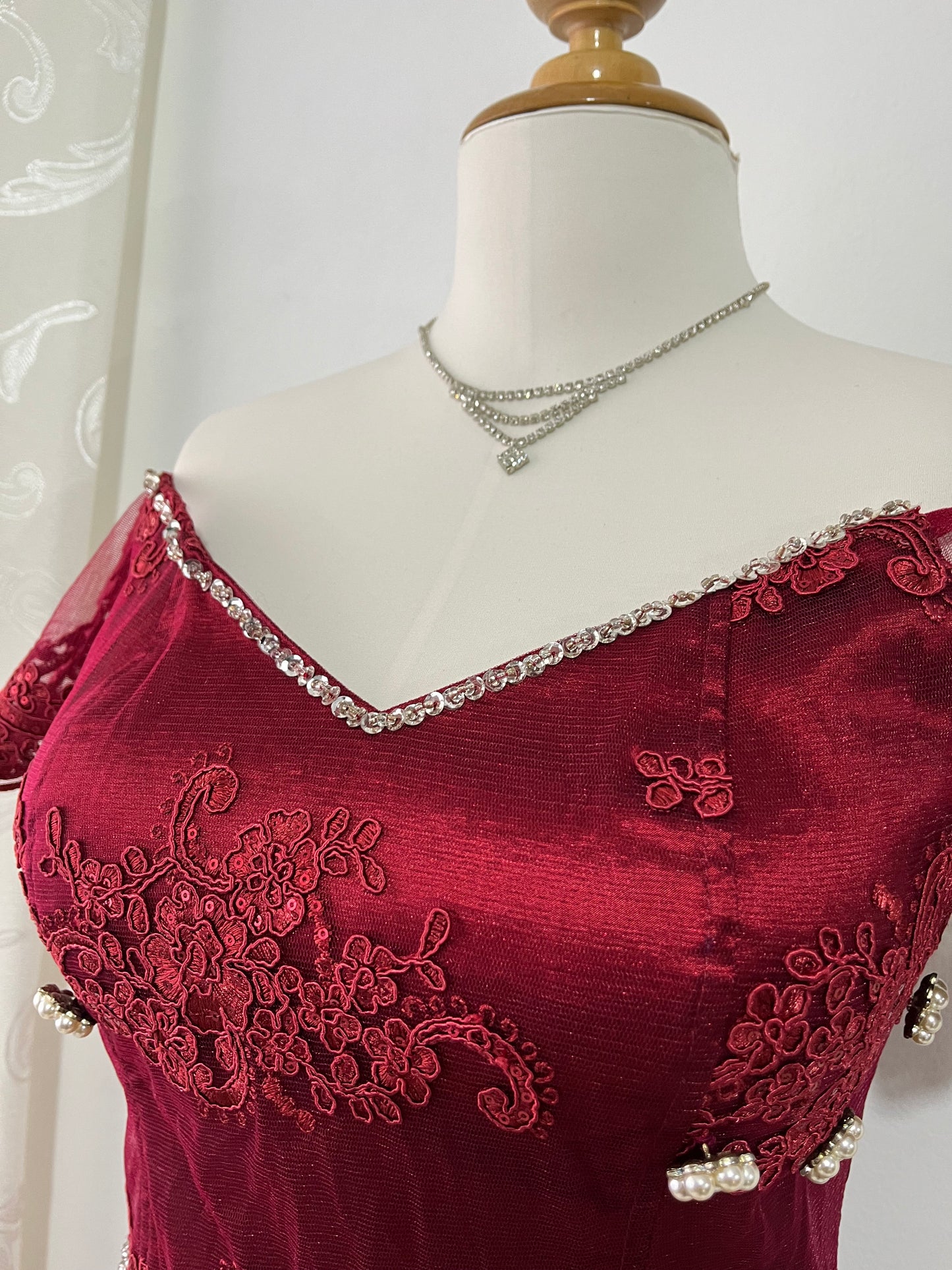 Burgundy corset gown dress with embellishment and pearls- Size M/L