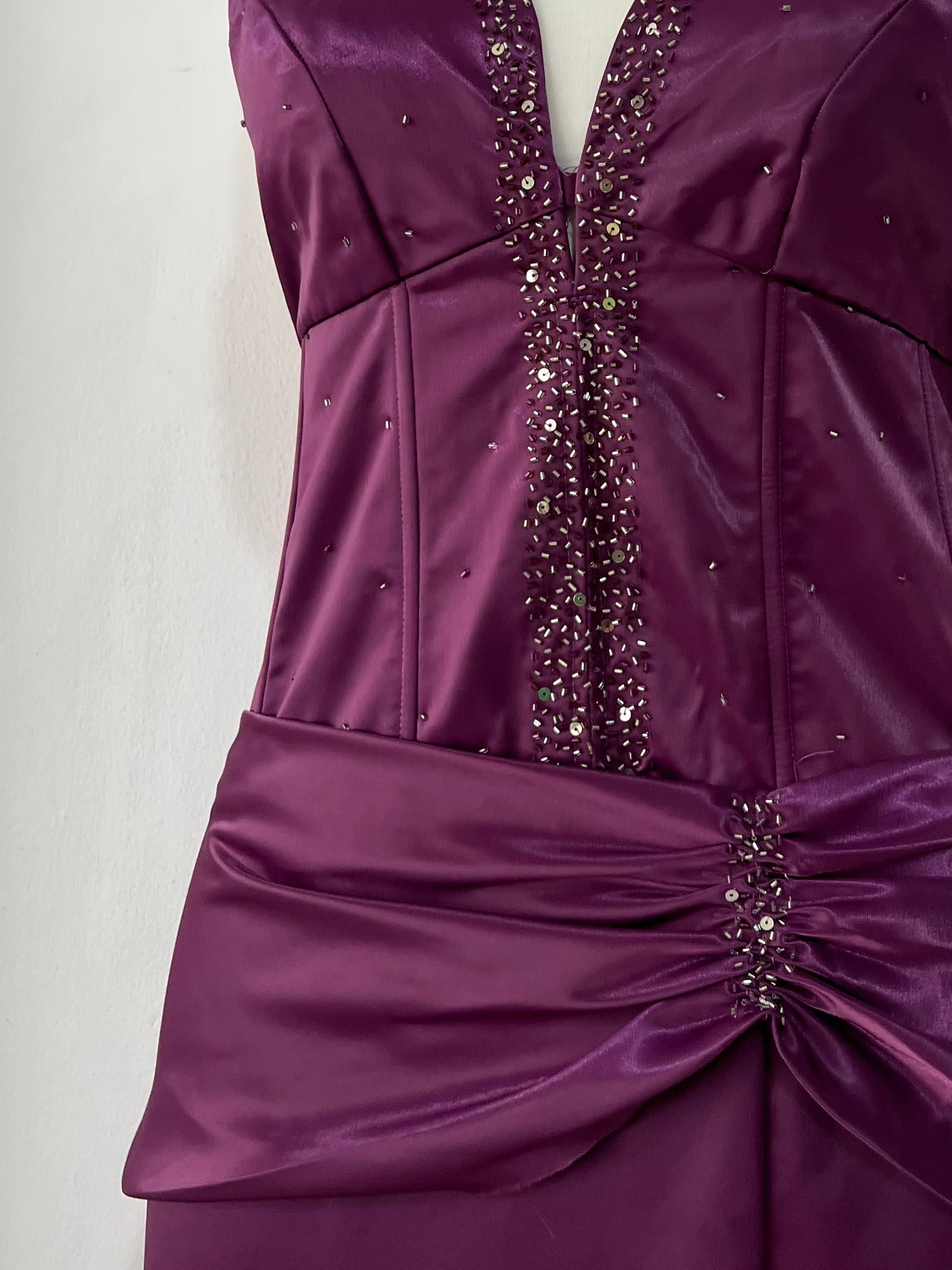 Purple satin corset dress with halter neckline and embroidered embellishments-size L