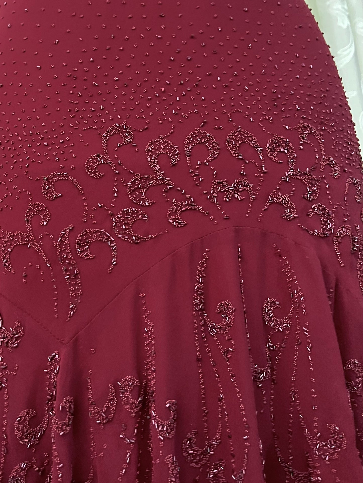 Burgundy gown dress with intricate designs and embroidery on the bodice and skirt - Size XL
