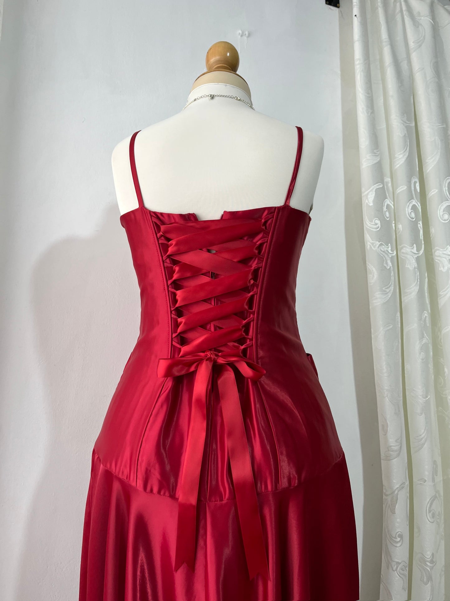 Crimson red gown with corset and hand-embroidered embellishments- size M