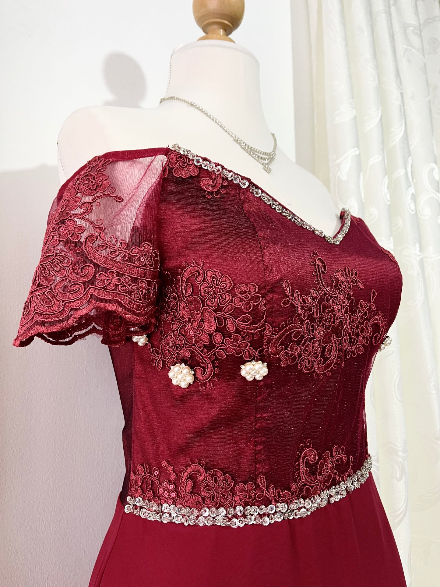 Burgundy corset gown dress with embellishment and pearls- Size M/L