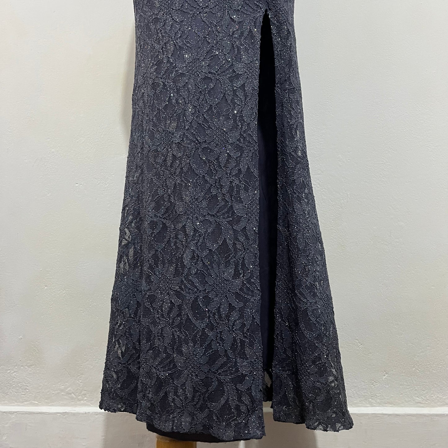 Lace maxi dress with silver appliqués, mermaid cut, beaded embroidery on the bodice, and a side slit- size S