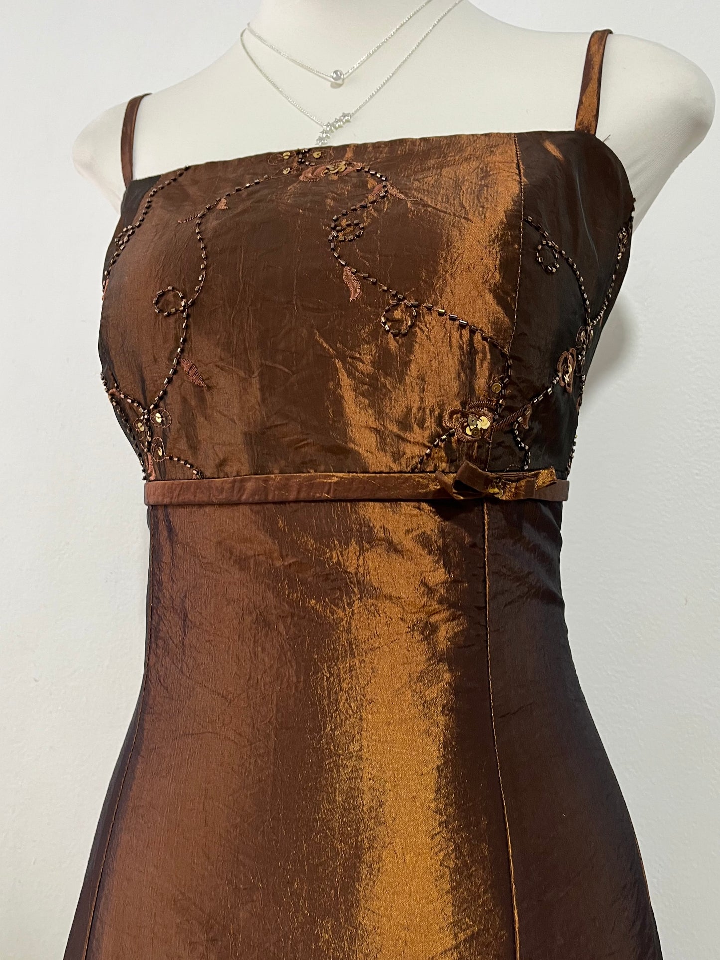 Vintage copper brown taffeta evening dress with bead embroidery, rhinestones and embellishments-size S/M