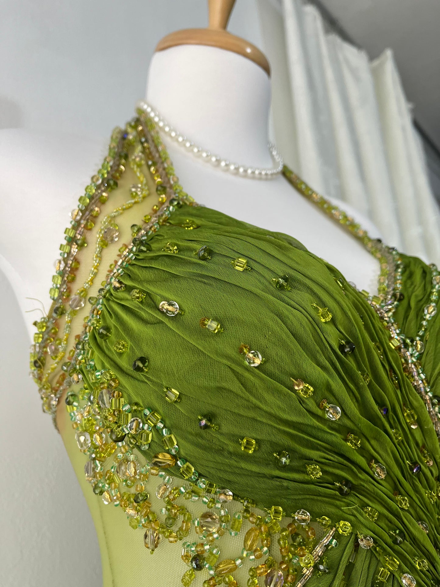 Dreamy fairy olive green dress with rhinestone and bead embroidery