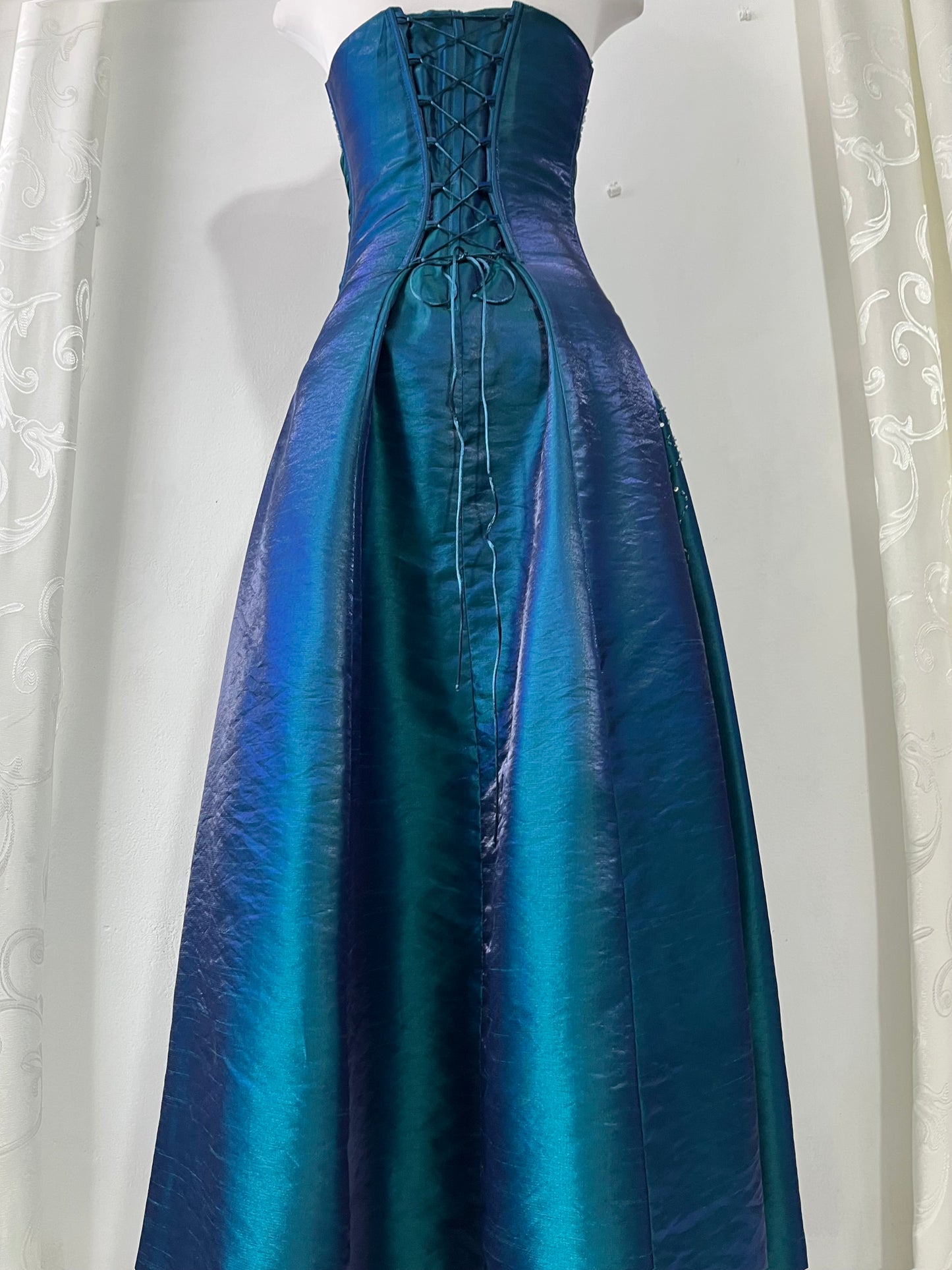 Iridescent teal corset dress with exquisite embellishments and hand-embroidered beads+ matching shawl