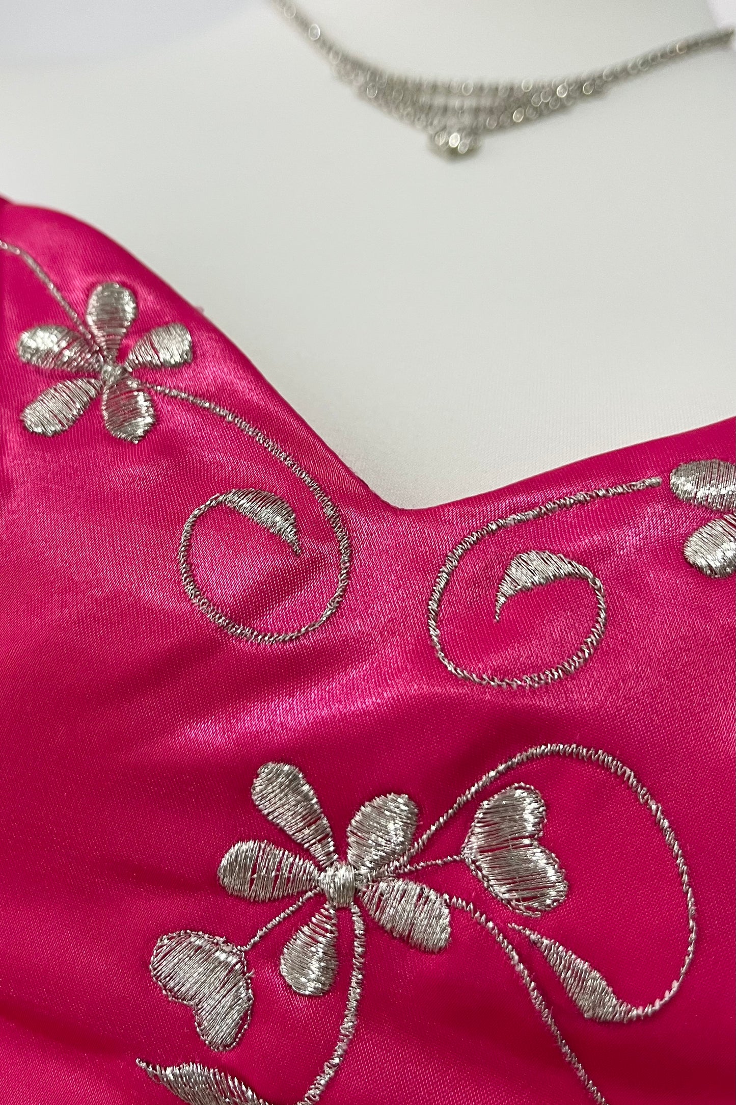 Fuchsia corset princess dress with floral embroidery, satin silk skirt with pearly chiffon lining- size XS