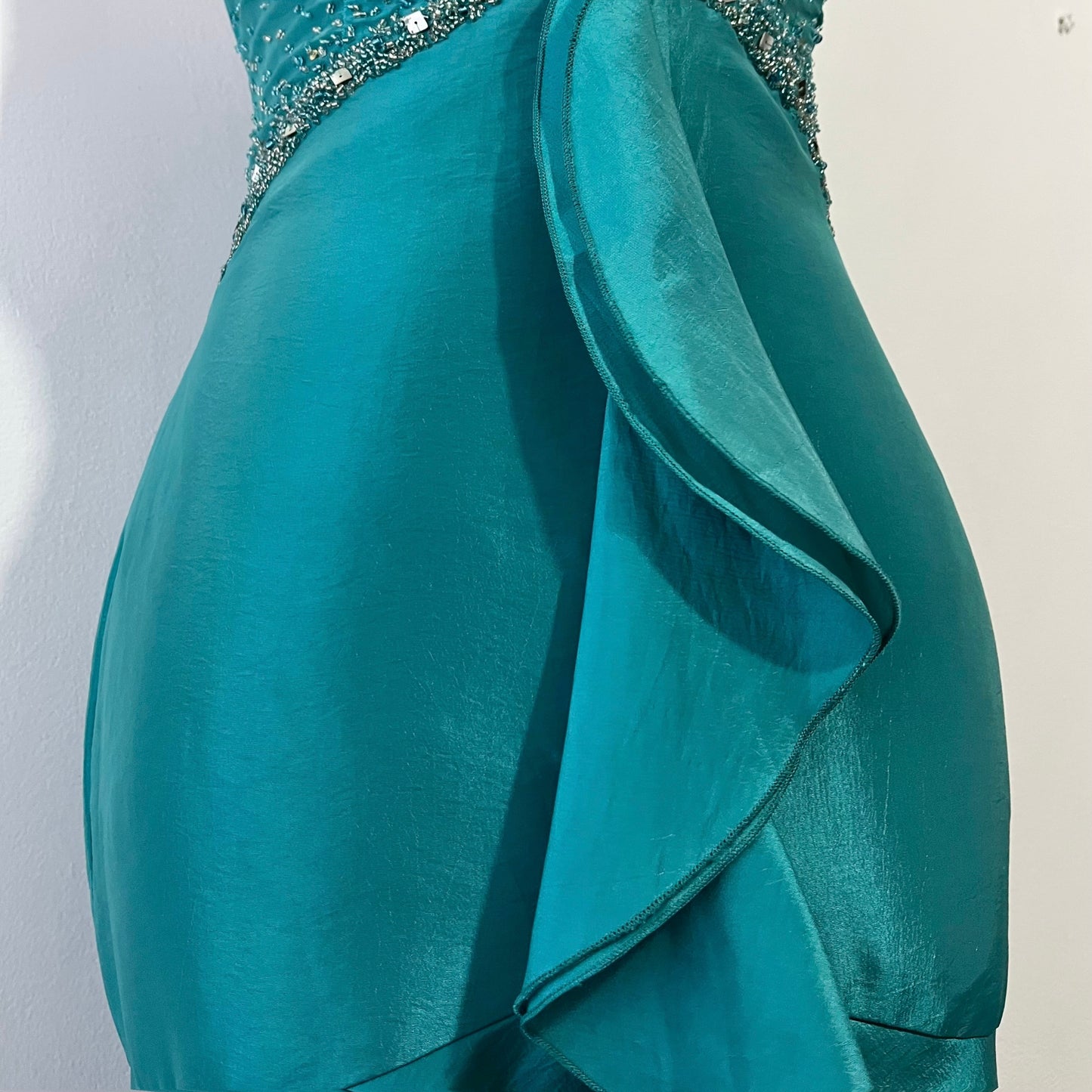 Teal mermaid style corset dress with hand embroidered rhinestones and beads-size S