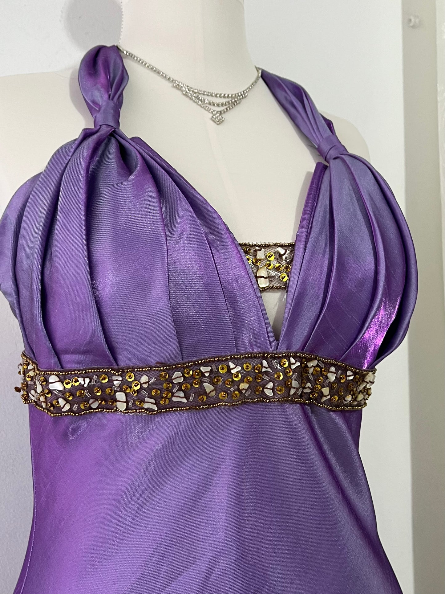 Iridescent purple gown with embellishments and hand embroidered rhinestones - Size M