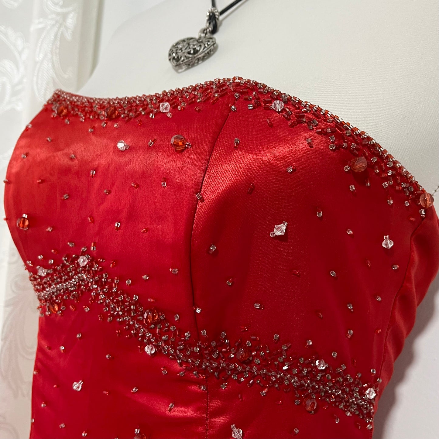 Red strapless corset evening gown with sequins and hand-sewn rhinestones- size M/L