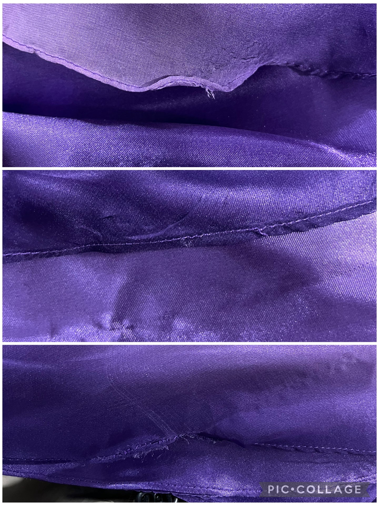 Gown in purple gradient chiffon with rhinestone appliqués at the waist and neckline
