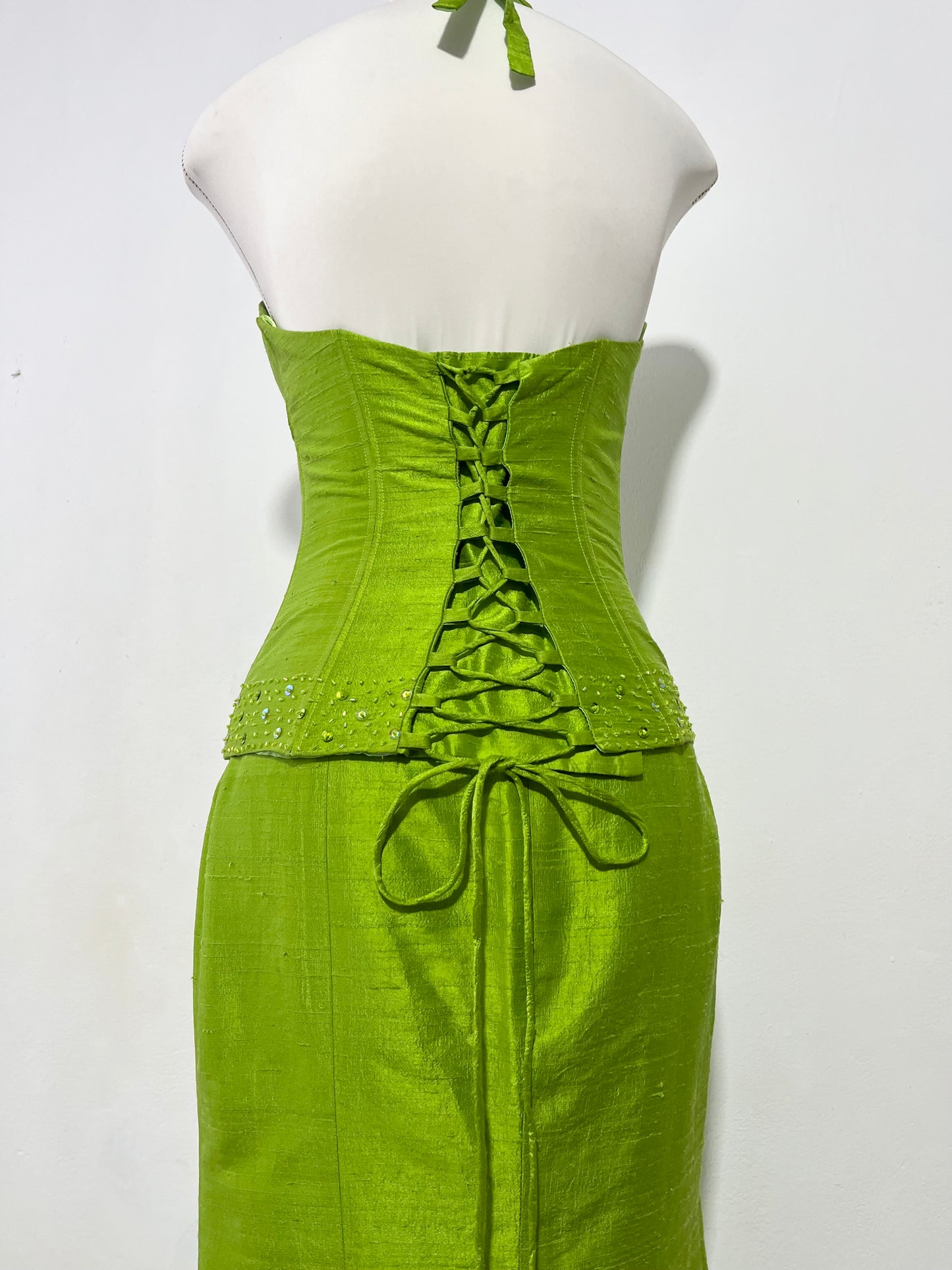 Silk shantung set, corset with bead embroidery and maxi skirt