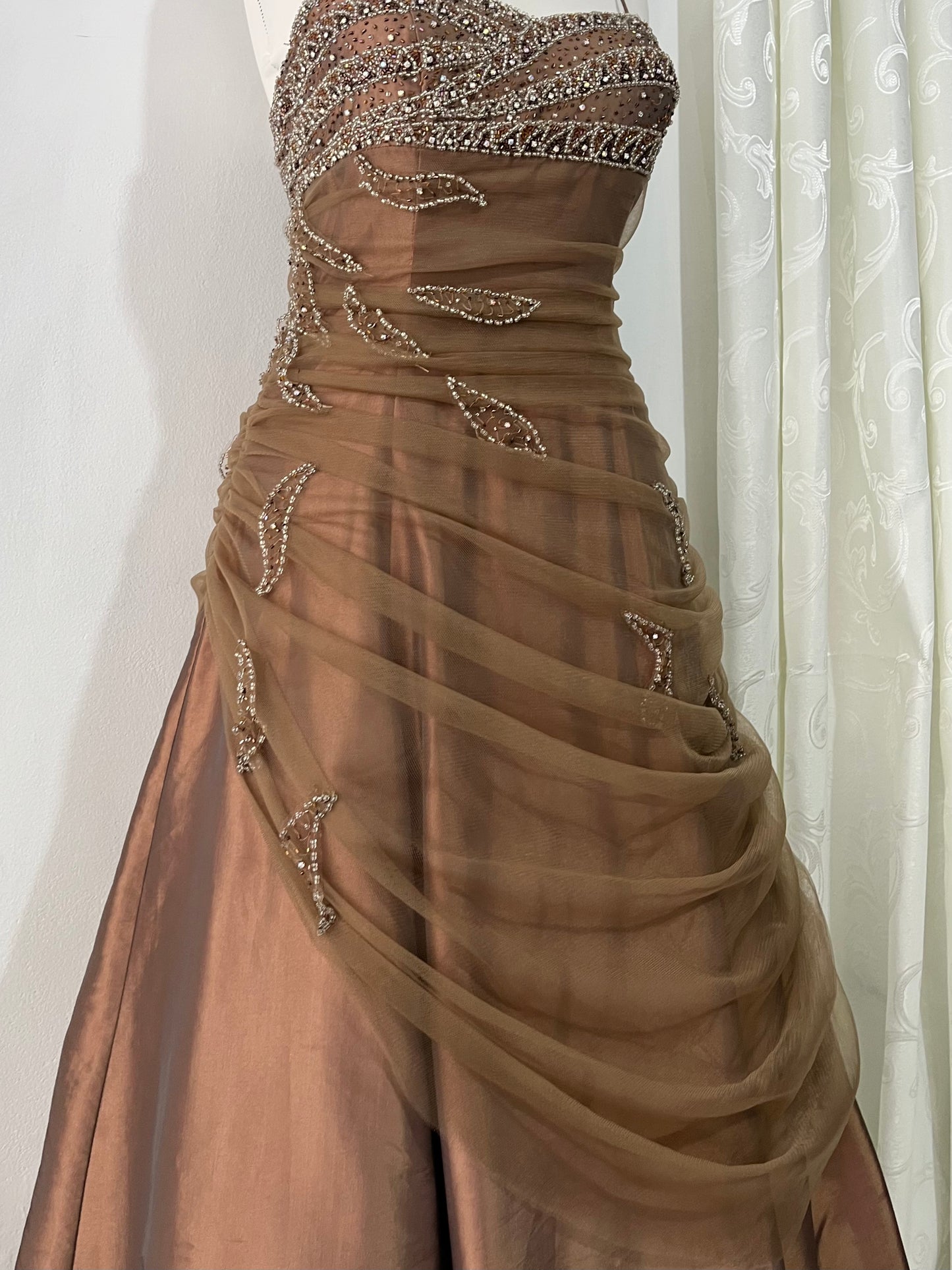 Bronze evening gown with embroidered designs of rhinestones and embellishments-size M