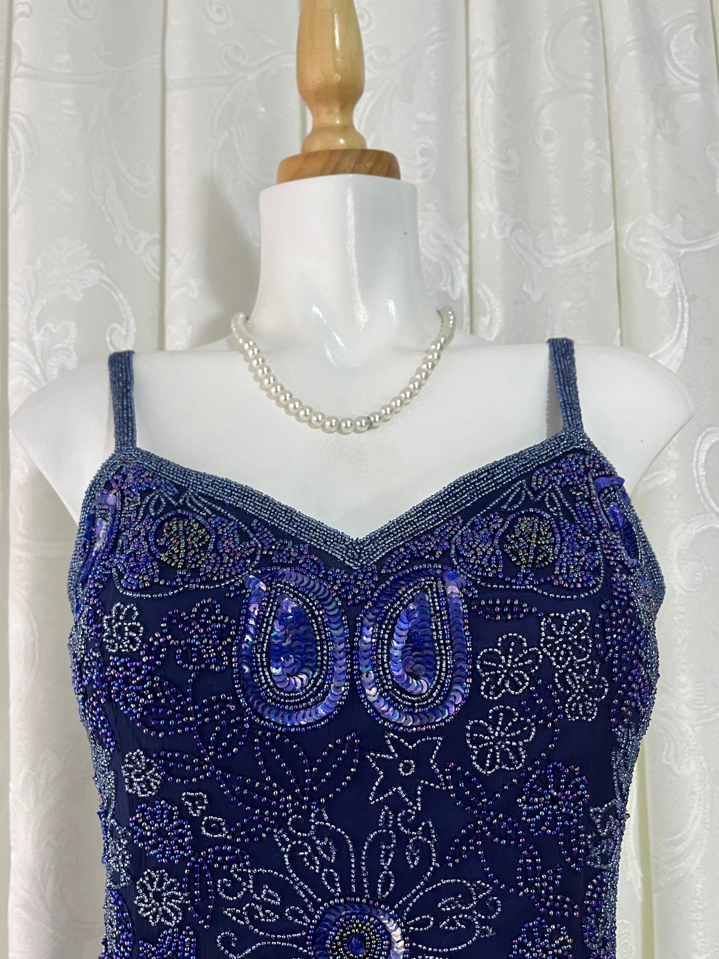 Navy silk mini dress with exquisite handmade raised floral embroidery-size S