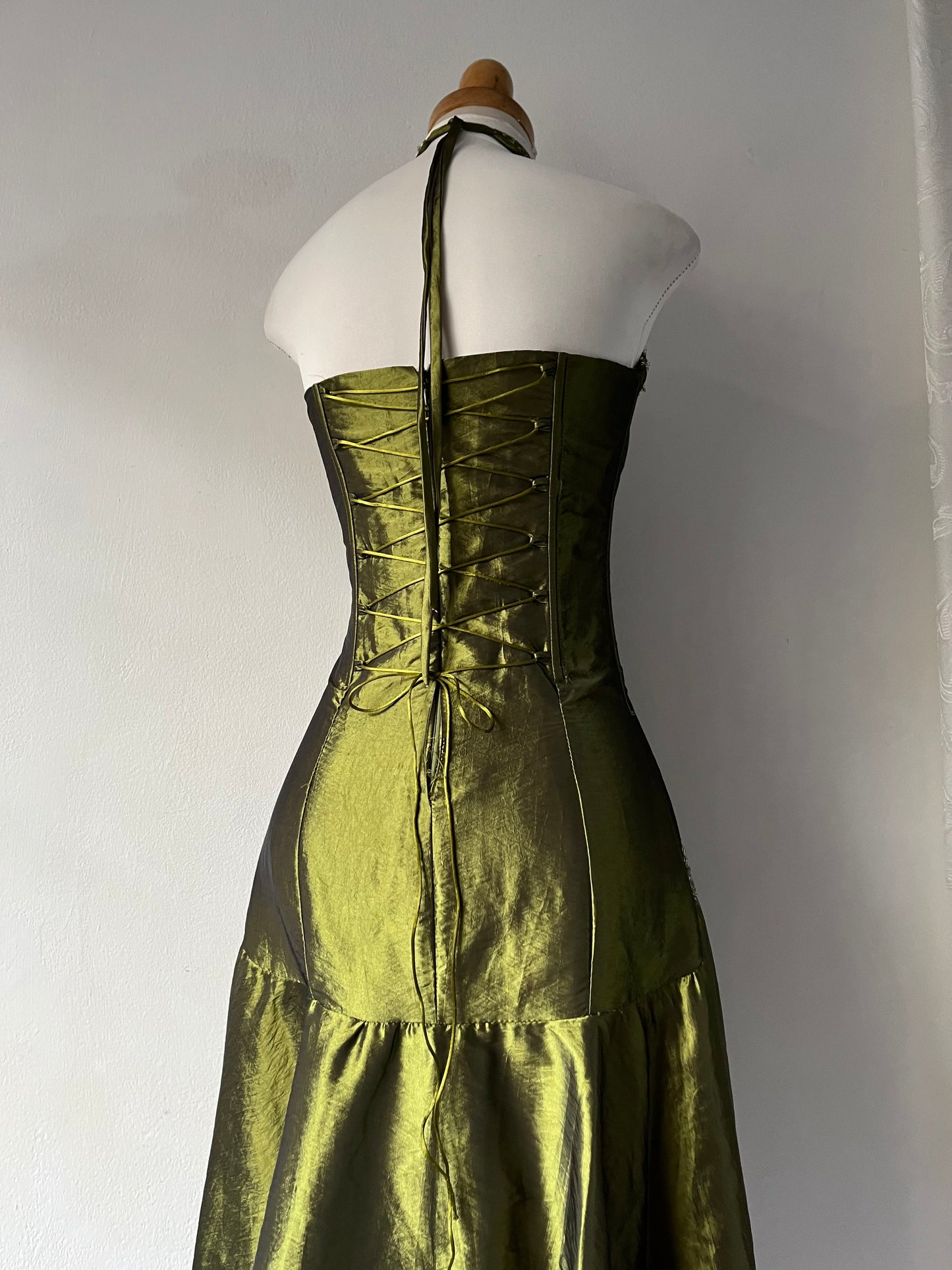 Iridescent taffeta green corset dress with exquisite hand embroidery of sequins and rhinestones- size S