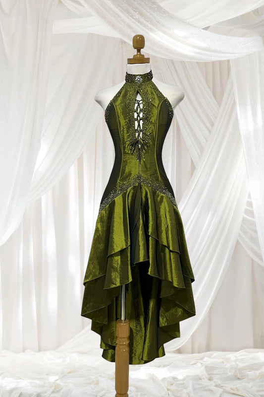 Iridescent taffeta green corset dress with exquisite hand embroidery of sequins and rhinestones- size S