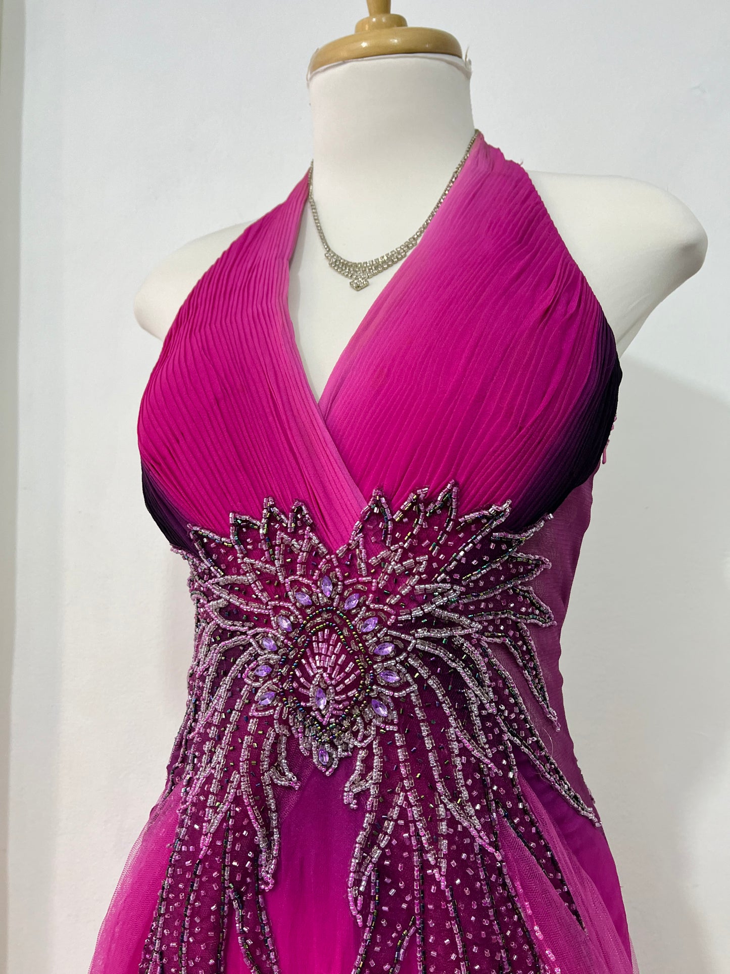 Captivating halter evening dress with fuchsia to dark violet gradient and rhinestone embroidery- size S