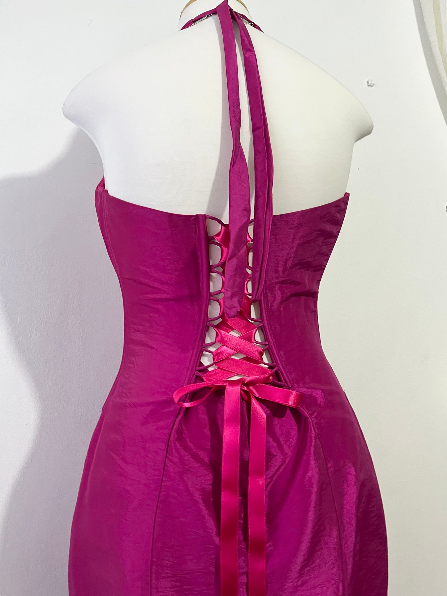 Fuchsia corset dress with exquisite hand sewn beadwork -Size M