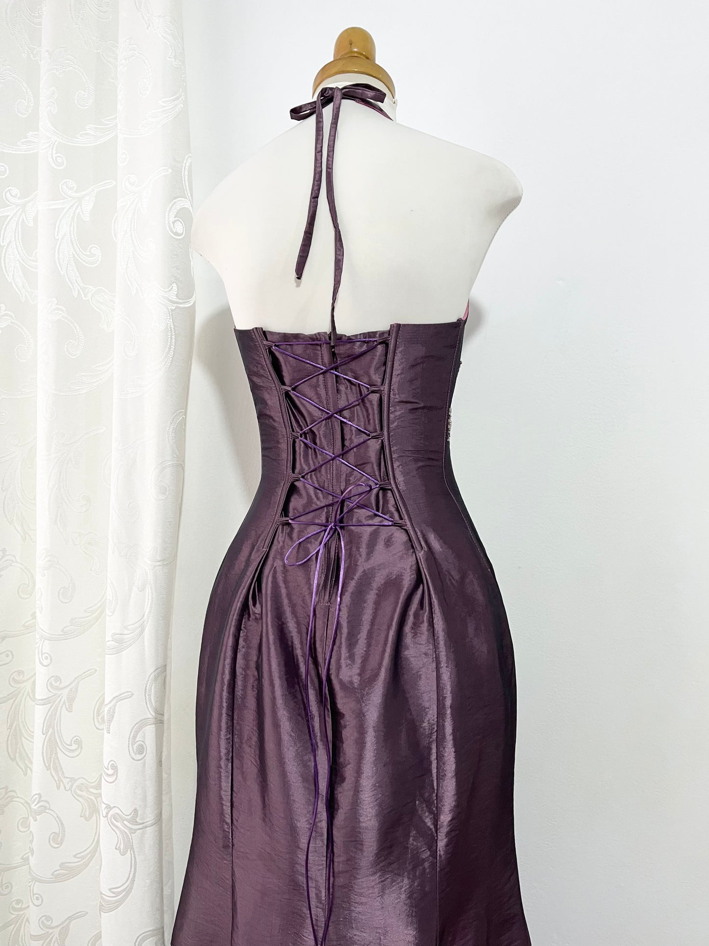 Iridescent taffeta purple corset dress with exquisite hand-embroidered sequins and rhinestones- size S