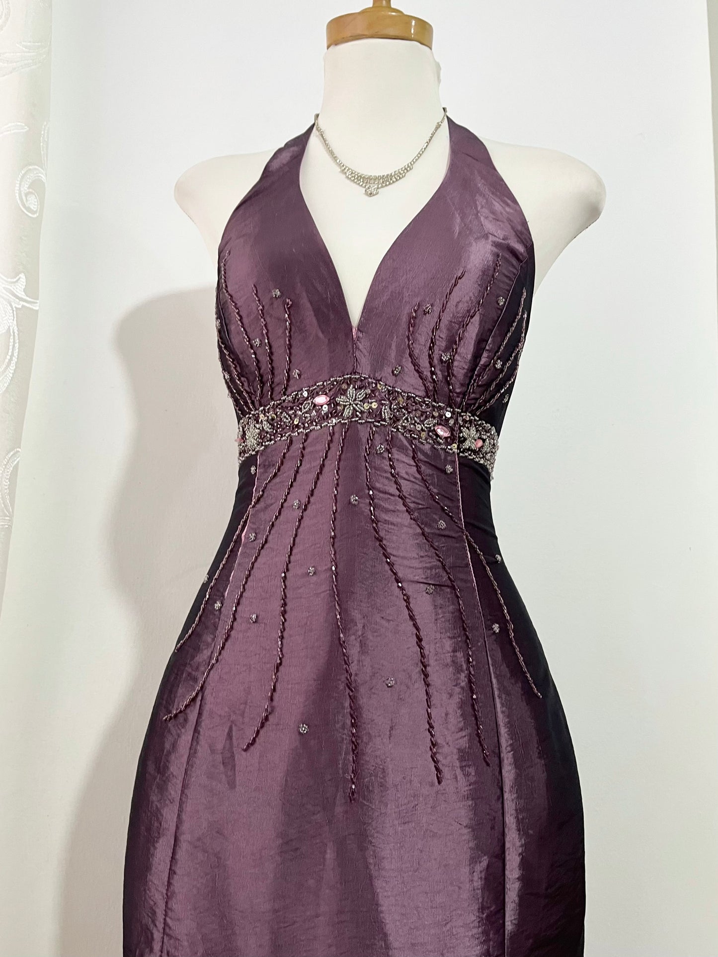 Iridescent taffeta purple corset dress with exquisite hand-embroidered sequins and rhinestones- size S