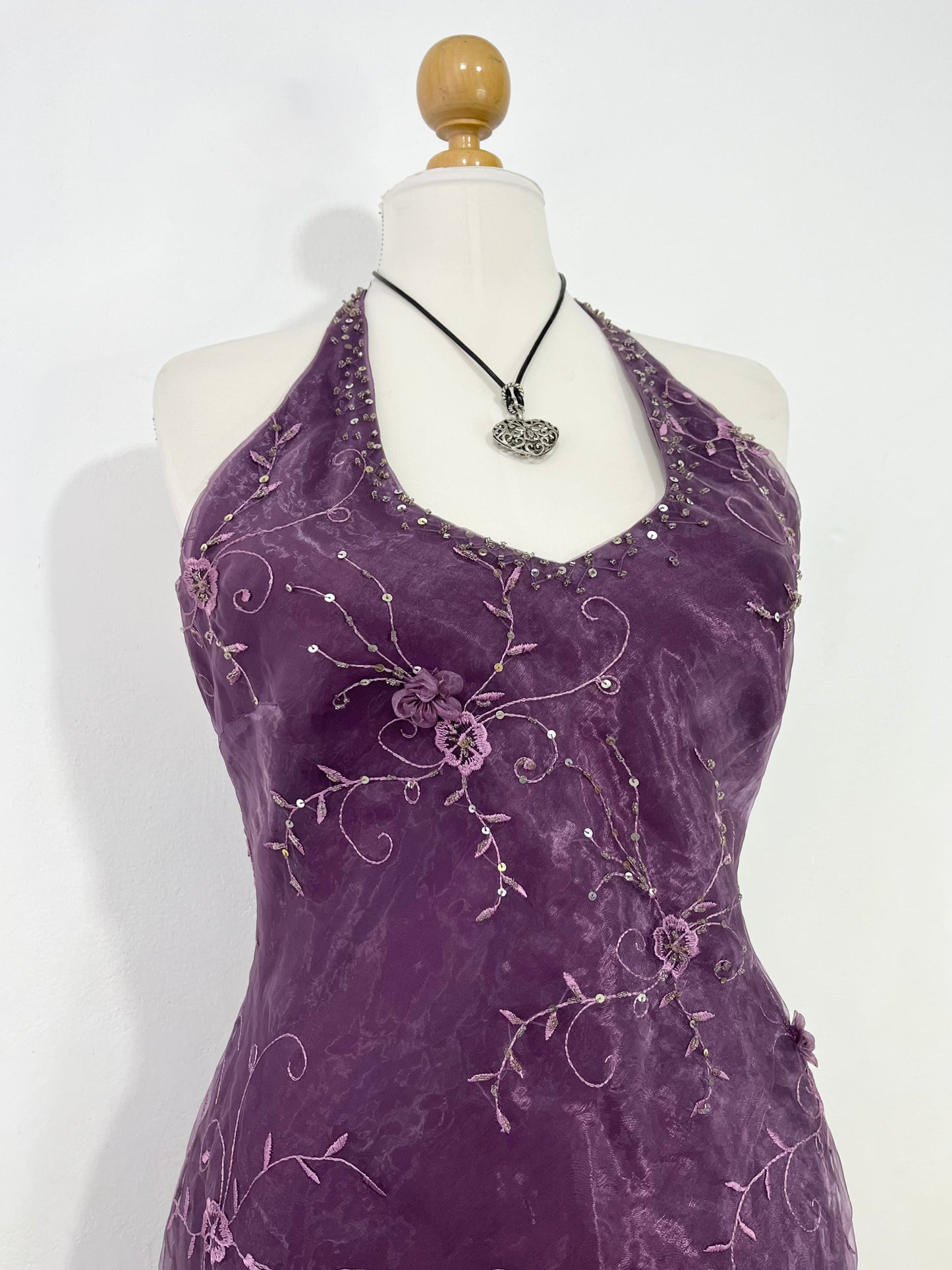 Vintage floral organza halter dress- size L/XL