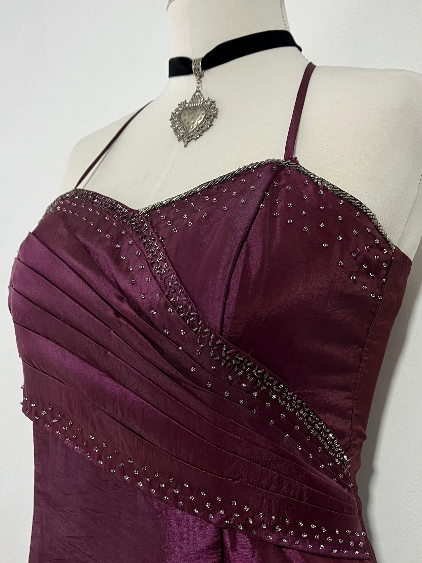 Iridescent wine purple taffeta corset dress with rhinestones and embroidered sequins- size M/L