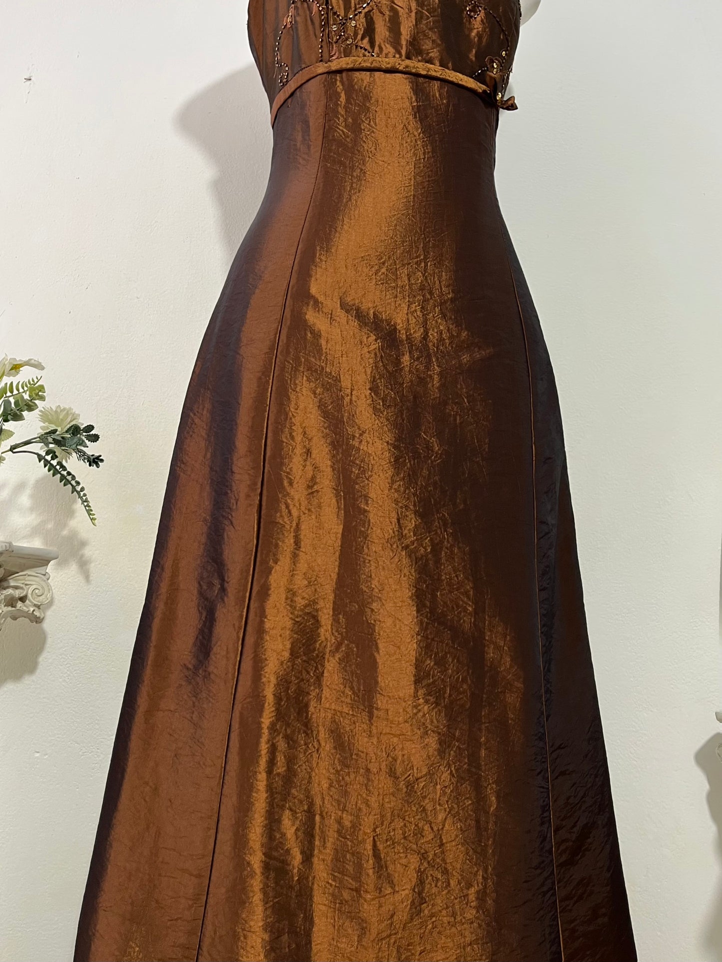 Vintage copper brown taffeta evening dress with bead embroidery, rhinestones and embellishments-size S/M