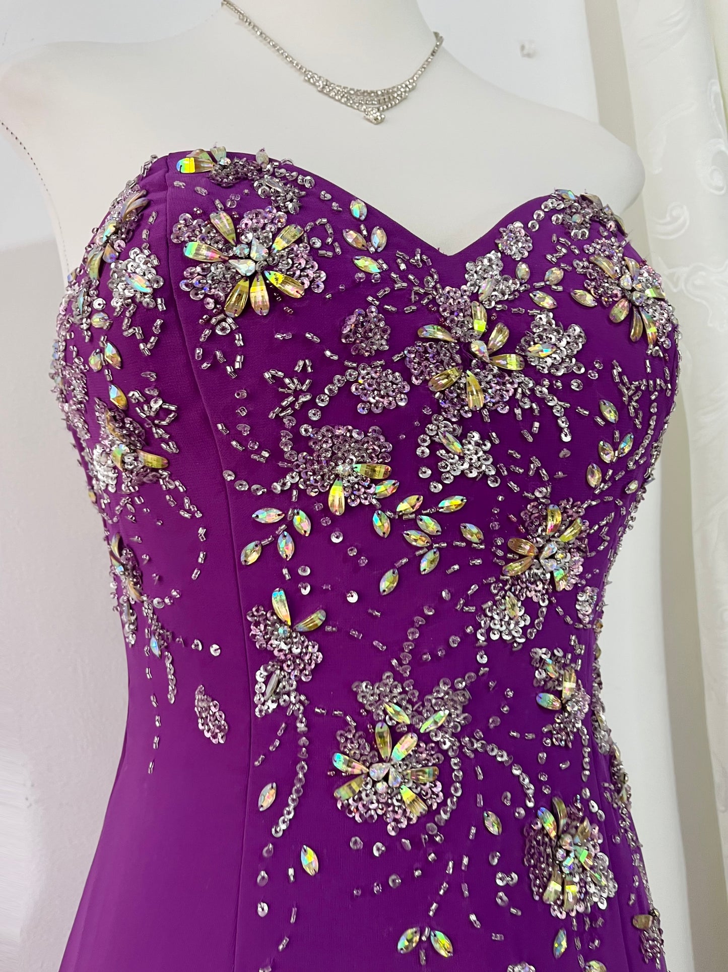 Amethyst purple dress with exquisite floral embroidery, rhinestones and embellishments-size S/M