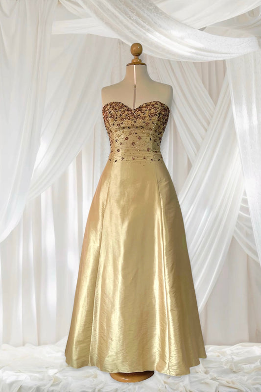 Champagne corset dress with fine sequins and hand embroidered embellishments-size M/L