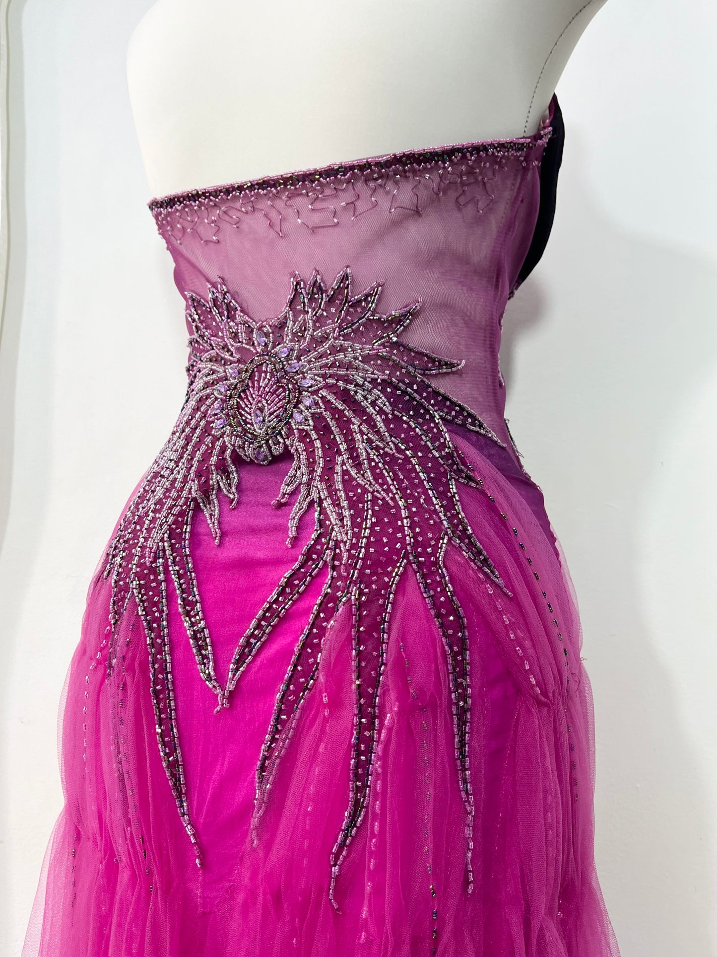 Magenta silk and chiffon dress with rhinestones and fine embroidered sequins