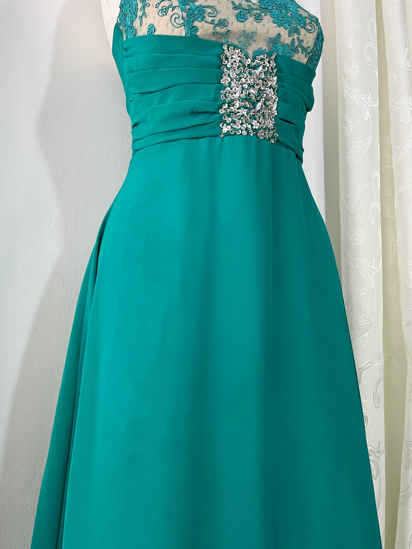 Emerald green gown corset gown with lace bodice and rhinestone details- size M