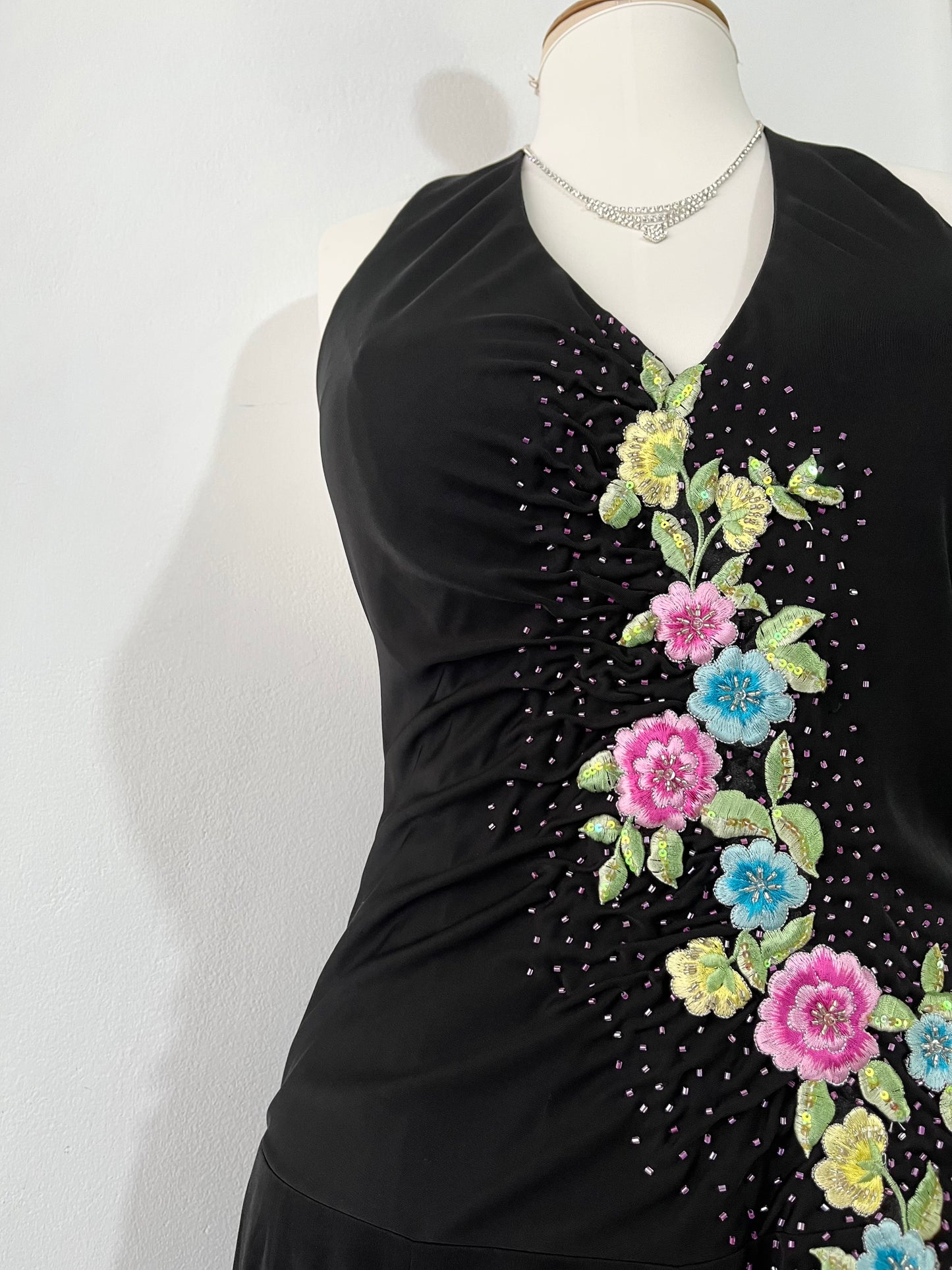 Halter gown with draped bodice featuring floral appliqué embroidered designs and asymmetrical silk point skirt-size XL
