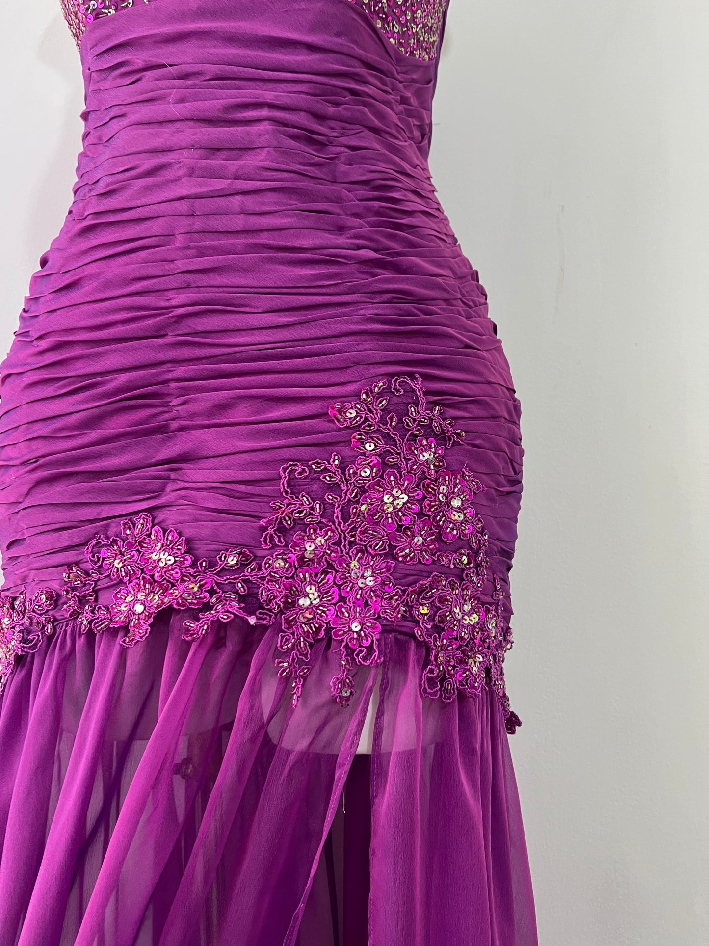 Purple corset dress with embroidered sequin and floral designs-one size: Fits S/M