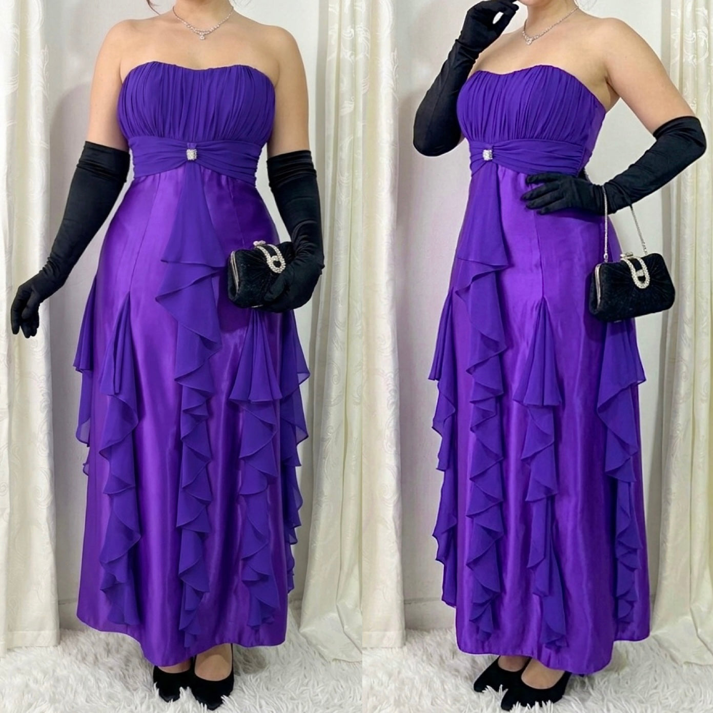 Royal purple corset gown with ruffles