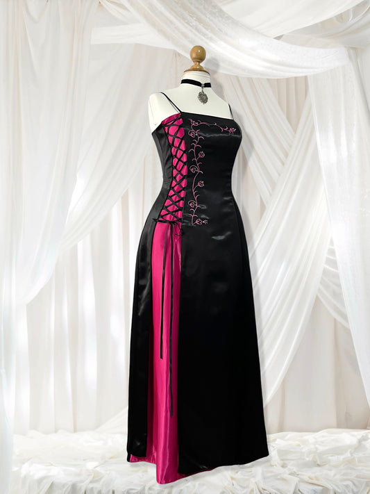 Noir and fuchsia corset dress with floral embroidery, rhinestones and adjustable strap