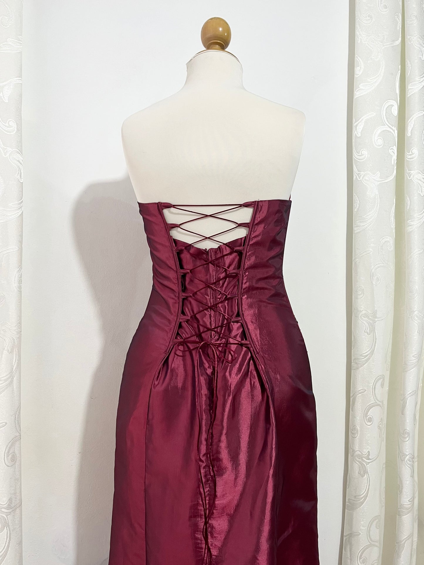 Iridescent burgundy corset dress with exquisite hand embroidery of sequins and rhinestones- size M