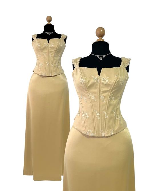 Pale gold satin silk set 2 piece corset and maxi skirt- Size M