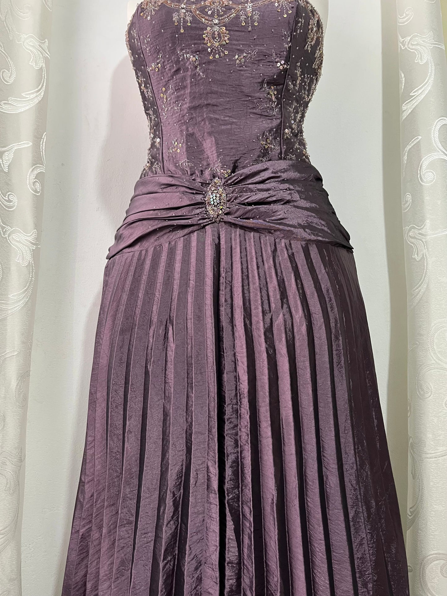 Vintage taffeta evening corset dress with hand embroidered embellishments and rhinestones