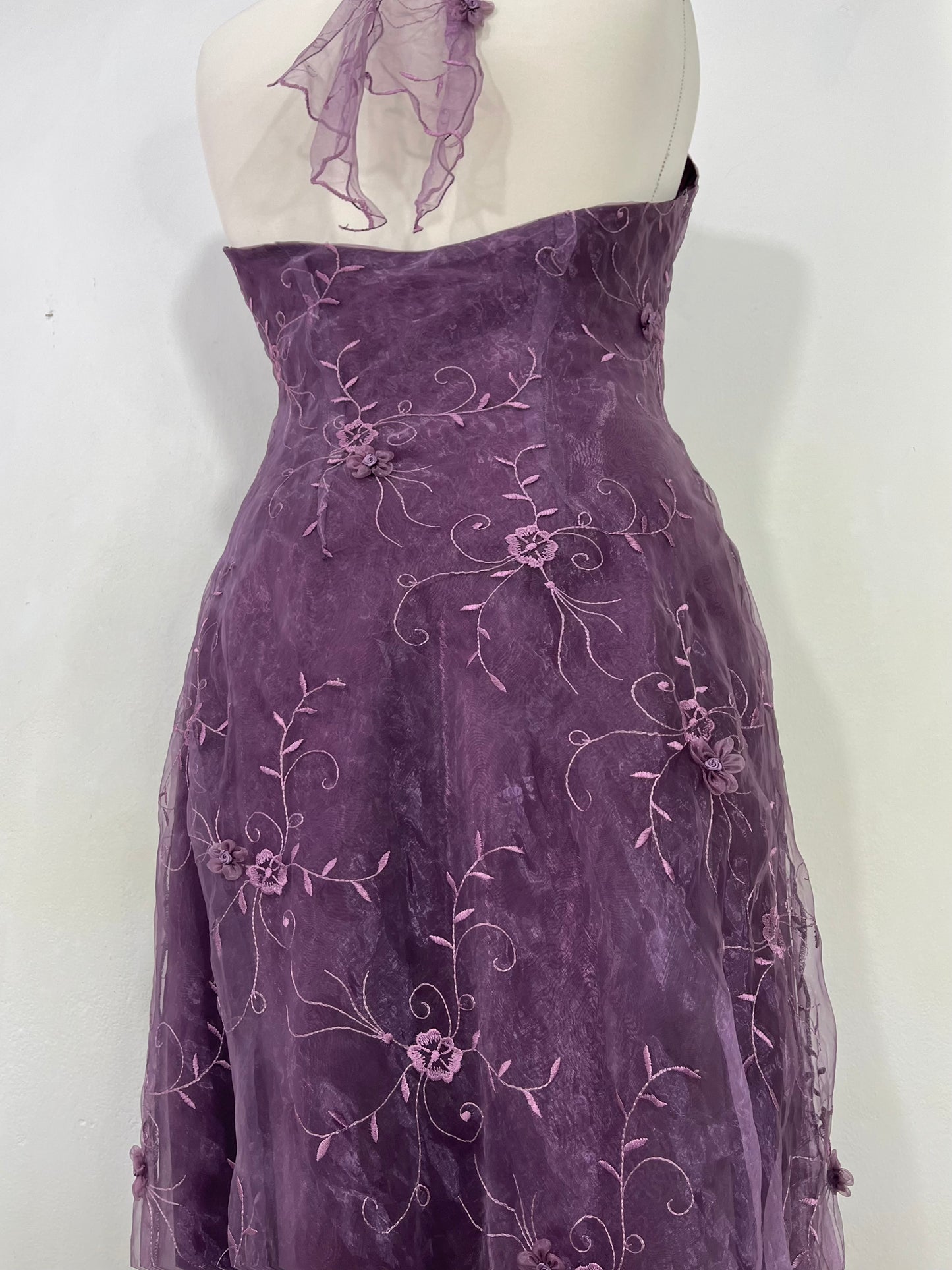 Vintage floral organza halter dress- size L/XL