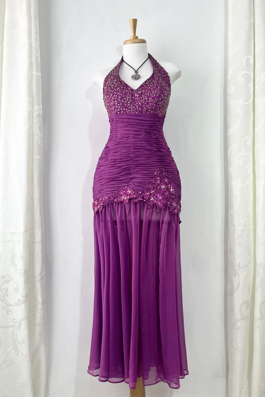 Purple corset dress with embroidered sequin and floral designs-one size: Fits S/M