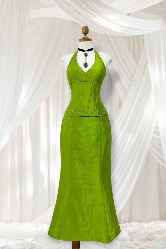 Silk shantung set, corset with bead embroidery and maxi skirt