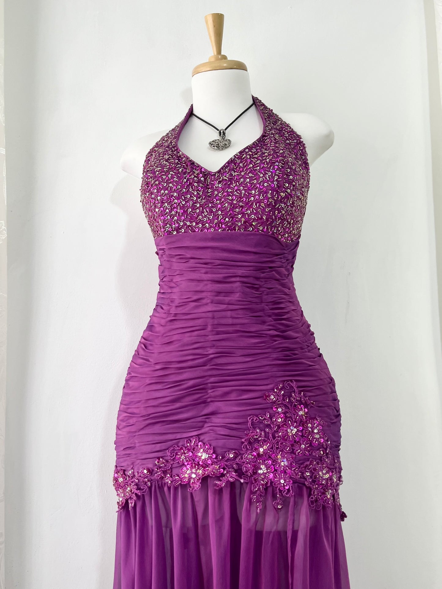 Purple corset dress with embroidered sequin and floral designs-one size: Fits S/M