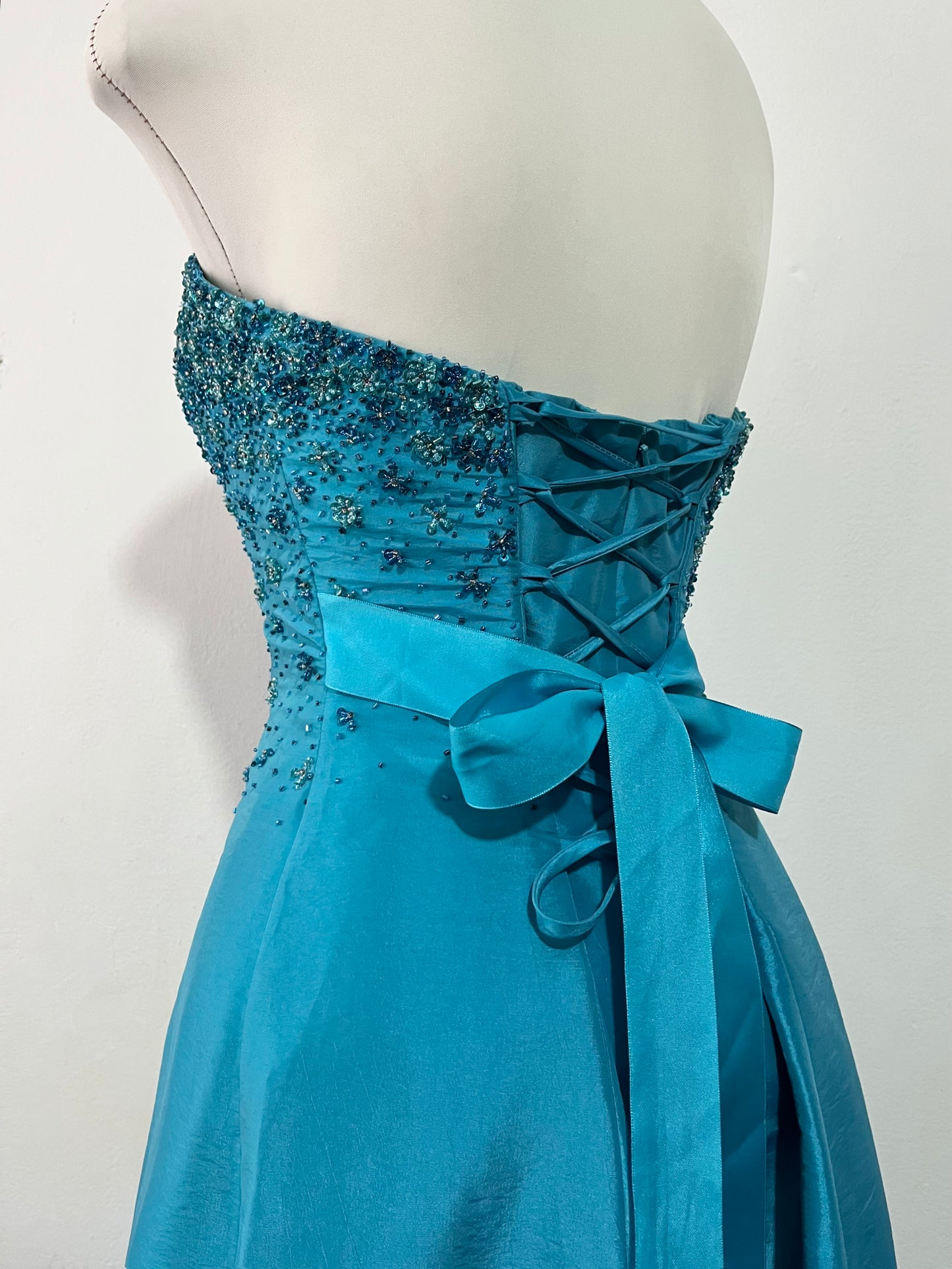 Corset evening dress in a vibrant turquoise color with exquisite handmade floral embroidery- size S