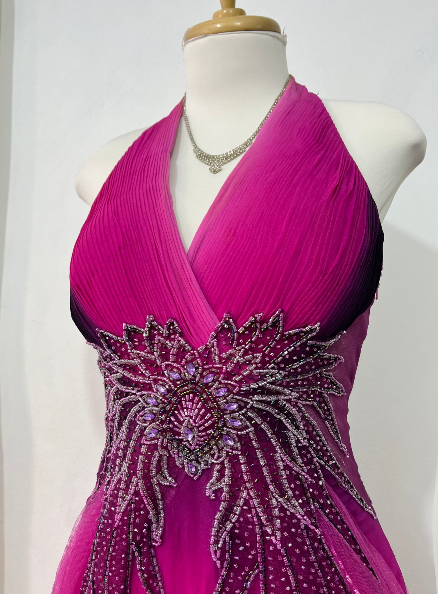 Magenta silk and chiffon dress with rhinestones and fine embroidered sequins