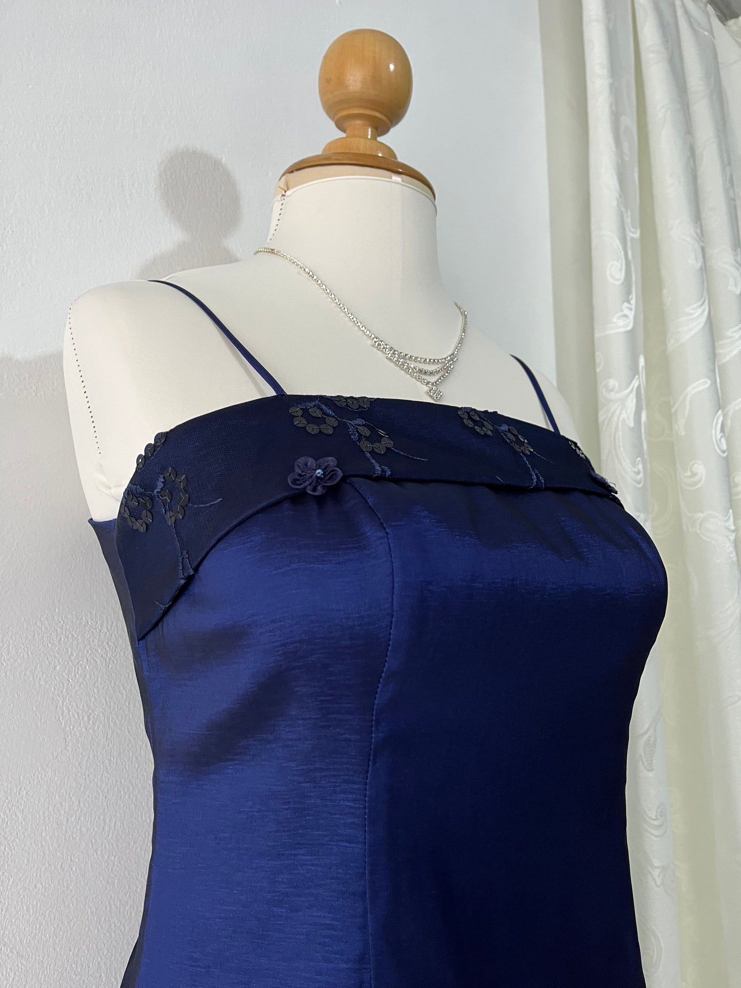 Captivating deep navy blue gown + Mesh cape with embroidery designs- Size M