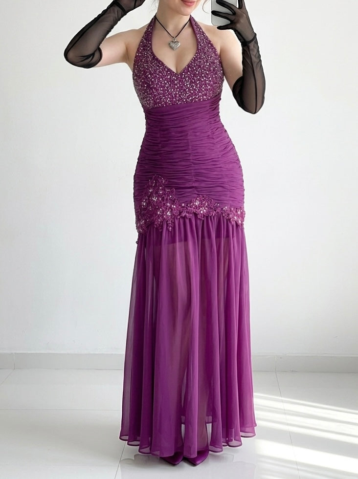 Purple corset dress with embroidered sequin and floral designs-one size: Fits S/M